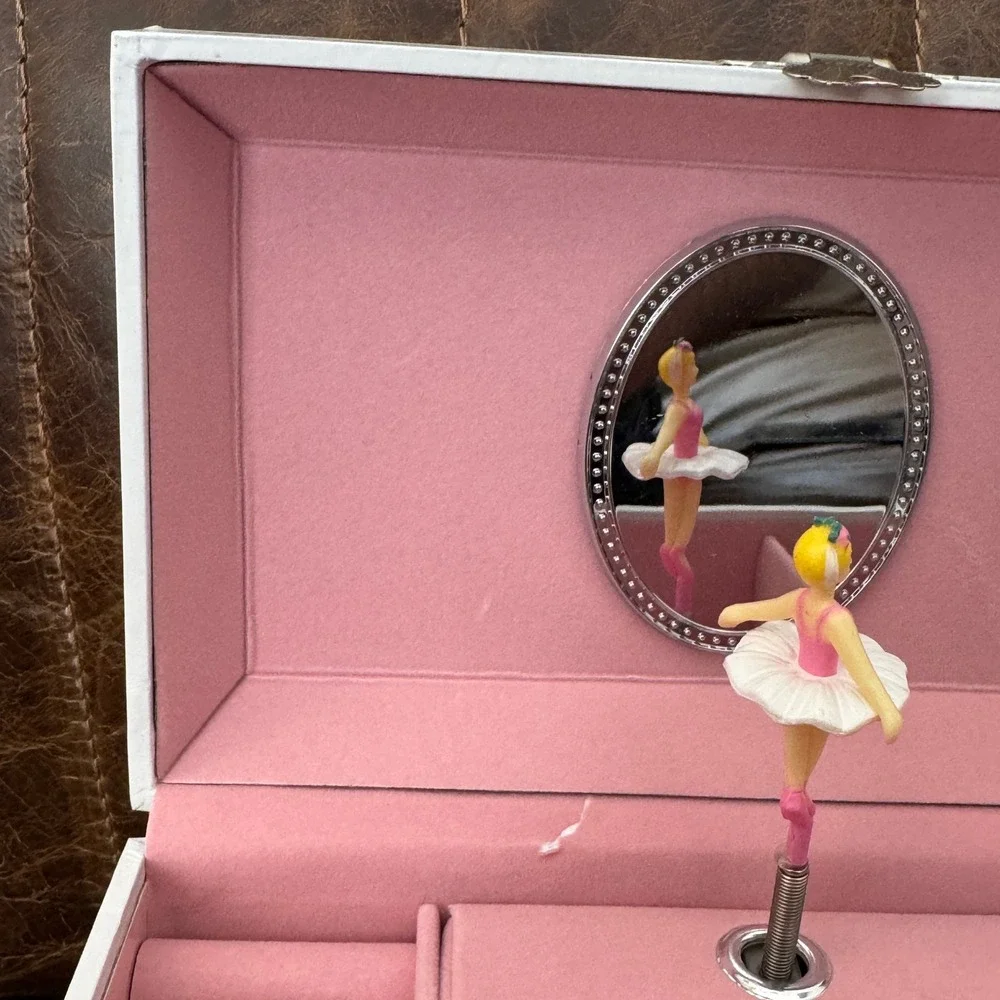 Ballerina Musical Jewelry Box White Pink Floral Vintage Style with Drawer Mirror
